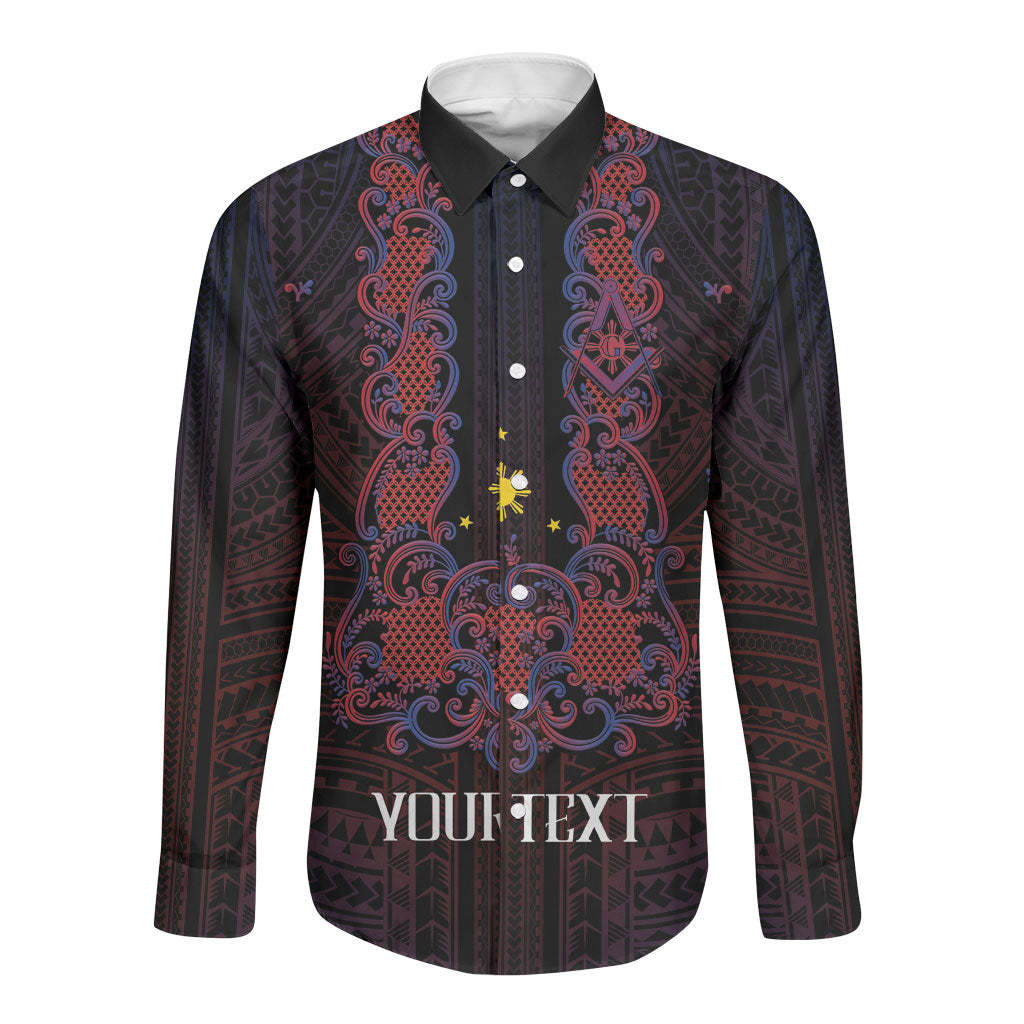 Personalised Philippines Barong Tagalog Freemasonry Long Sleeve Button Shirt Filipino Masonic Polynesian Pattern LT14 Unisex Black - Polynesian Pride