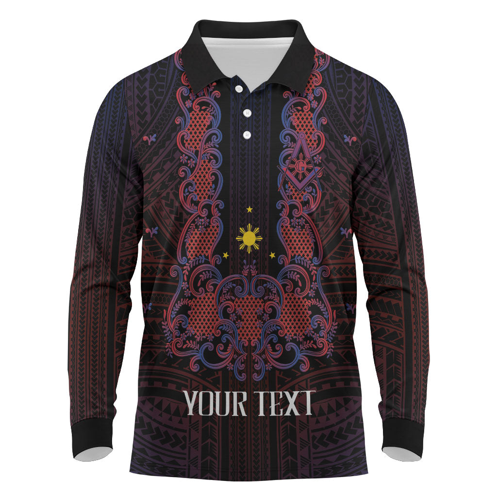 Personalised Philippines Barong Tagalog Freemasonry Long Sleeve Polo Shirt Filipino Masonic Polynesian Pattern LT14 Black - Polynesian Pride