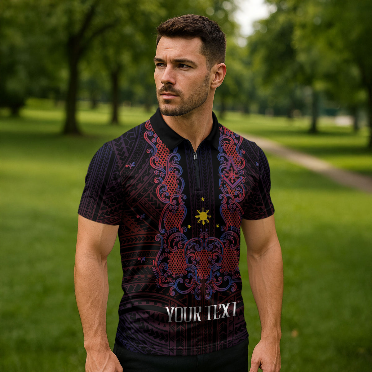 Personalised Philippines Barong Tagalog Freemasonry Zipper Polo Shirt Filipino Masonic Polynesian Pattern LT14 - Polynesian Pride