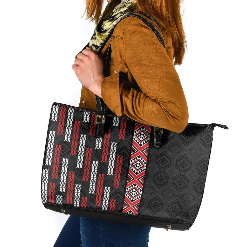 Roimata Toroa Maori Taniko Inspired New Zealand Leather Tote Bag LT14 Black - Polynesian Pride