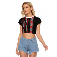 Roimata Toroa Maori Taniko Inspired New Zealand Raglan Cropped T Shirt LT14 Female Black - Polynesian Pride