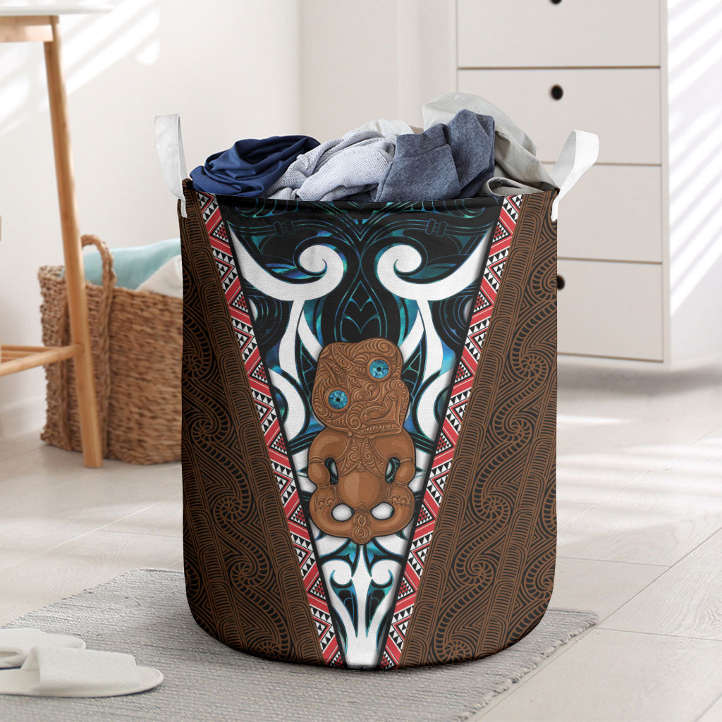 New Zealand Whakairo Laundry Basket Tiki Maori Carving Taniko Motifs LT14 Multicolor - Polynesian Pride