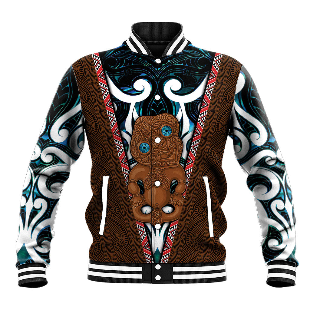 New Zealand Whakairo Baseball Jacket Tiki Maori Carving Taniko Motifs