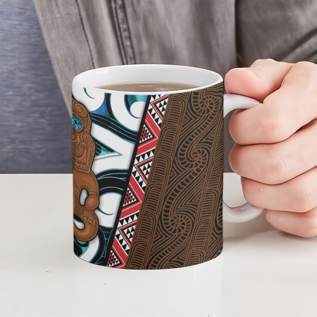 New Zealand Whakairo Ceramic Mug Tiki Maori Carving Taniko Motifs LT14 - Polynesian Pride