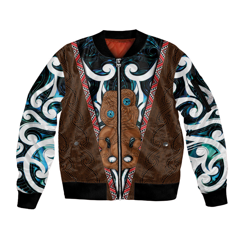New Zealand Whakairo Sleeve Zip Bomber Jacket Tiki Maori Carving Taniko Motifs