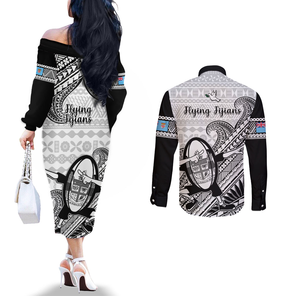 Fiji Tapa Rugby Couples Matching Off The Shoulder Long Sleeve Dress and Long Sleeve Button Shirts Flying Fijian 2023 World Cup With Dabbing Ball LT14 - Polynesian Pride