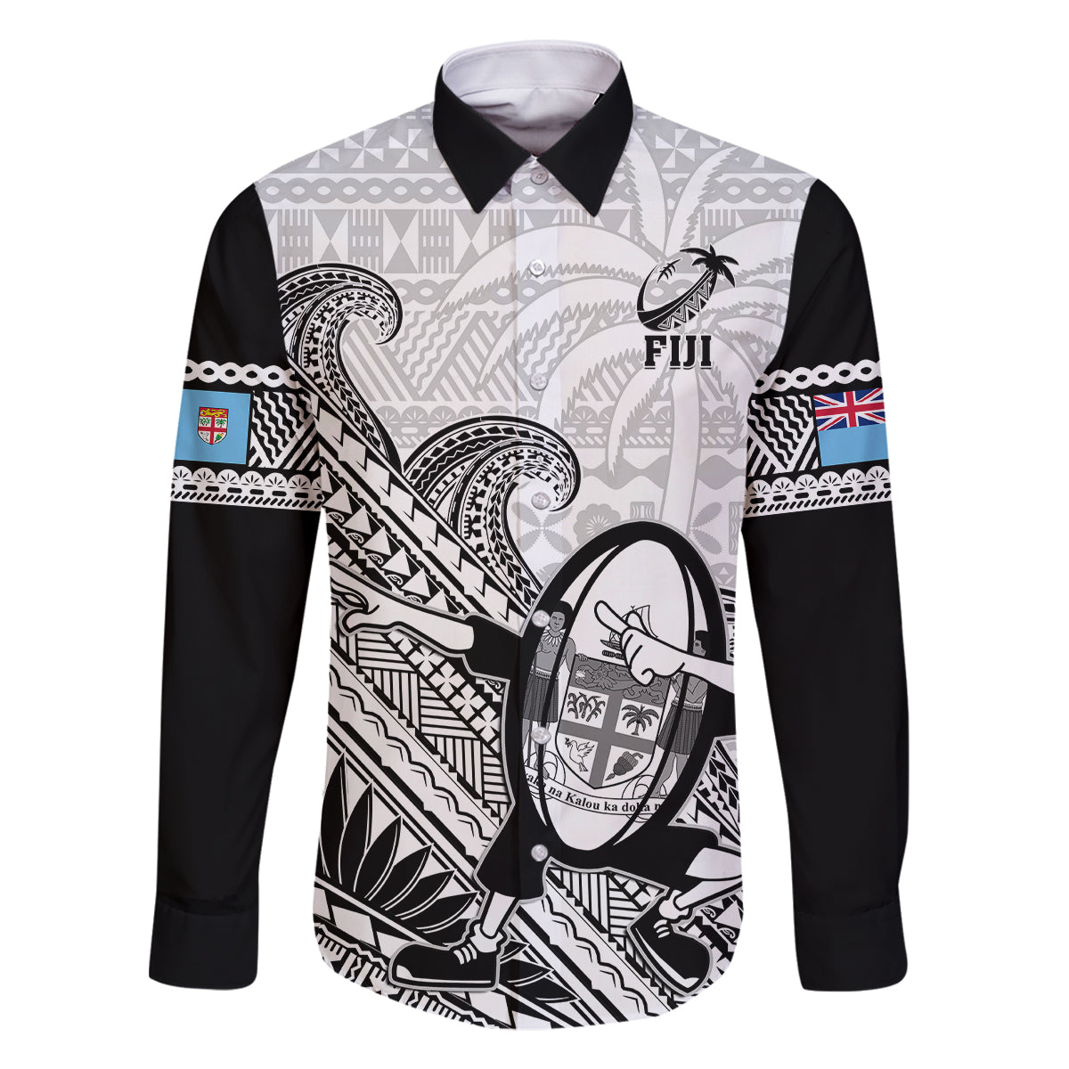Fiji Tapa Rugby Family Matching Off Shoulder Short Dress and Hawaiian Shirt Flying Fijian 2023 World Cup With Dabbing Ball LT14 Dad's Shirt - Long Sleeve White - Polynesian Pride