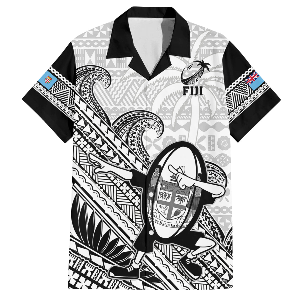 Fiji Tapa Rugby Family Matching Short Sleeve Bodycon Dress and Hawaiian Shirt Flying Fijian 2023 World Cup With Dabbing Ball LT14 Dad's Shirt - Short Sleeve White - Polynesian Pride