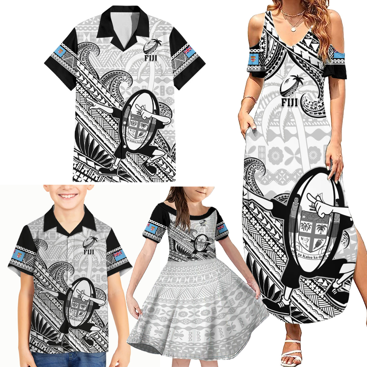 Fiji Tapa Rugby Family Matching Summer Maxi Dress and Hawaiian Shirt Flying Fijian 2023 World Cup With Dabbing Ball LT14 - Polynesian Pride