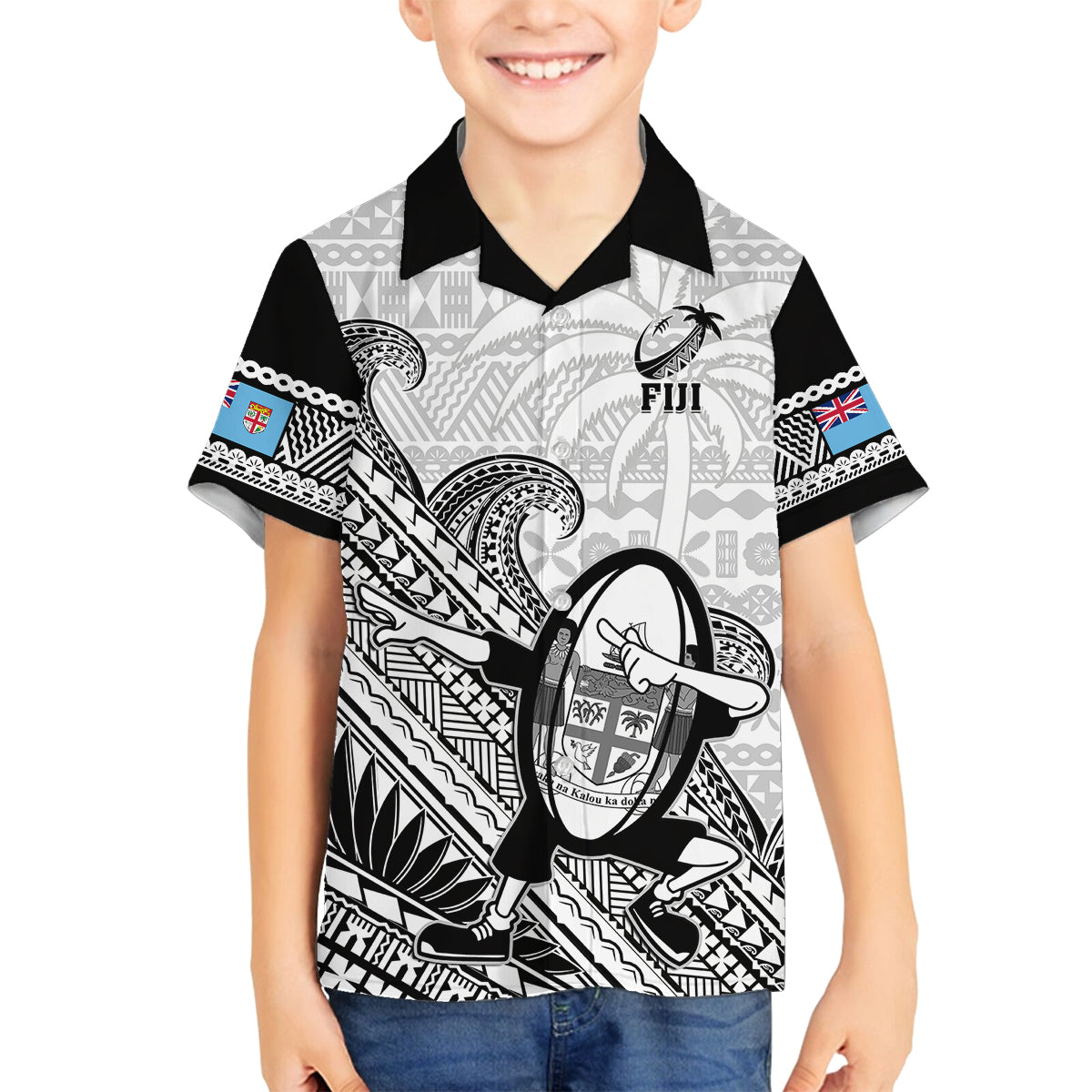 Fiji Tapa Rugby Kid Hawaiian Shirt Flying Fijian 2023 World Cup With Dabbing Ball LT14 - Polynesian Pride