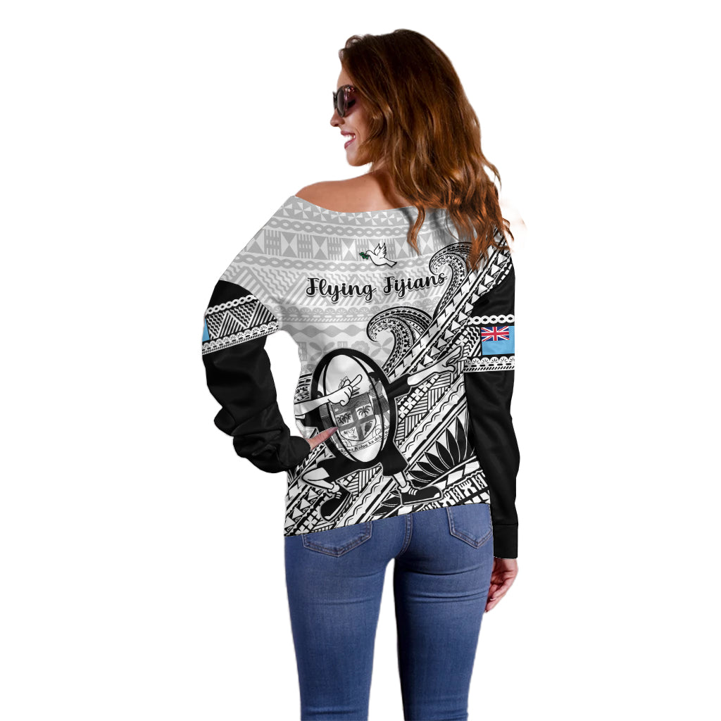 Fiji Tapa Rugby Off Shoulder Sweater Flying Fijian 2023 World Cup With Dabbing Ball LT14 - Polynesian Pride