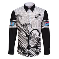Custom Fiji Tapa Rugby Family Matching Off Shoulder Short Dress and Hawaiian Shirt Flying Fijian 2023 World Cup With Dabbing Ball LT14 Dad's Shirt - Long Sleeve White - Polynesian Pride