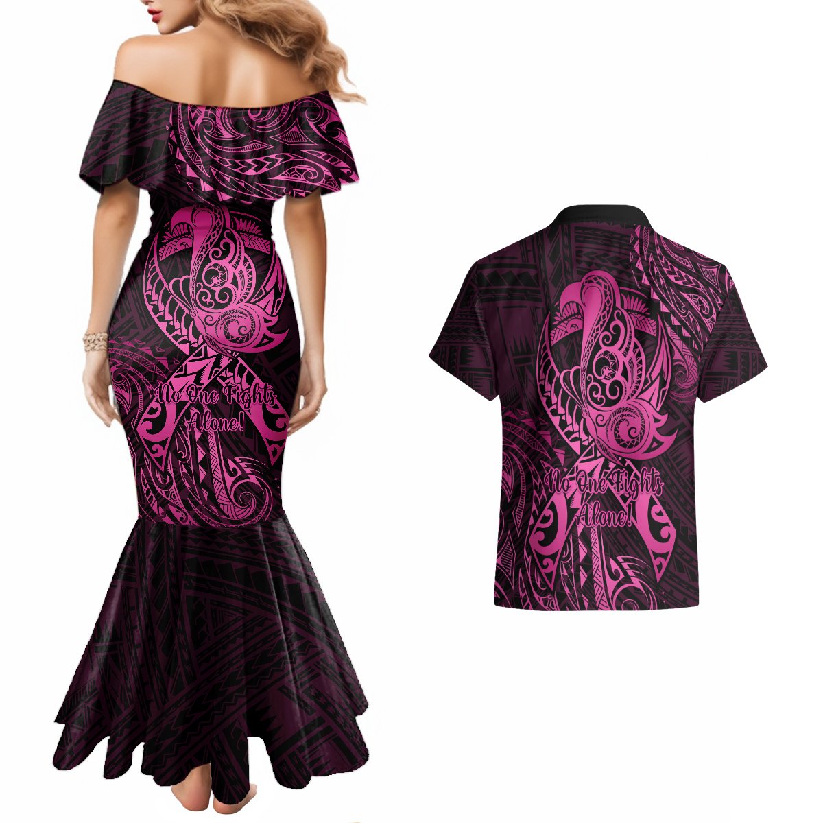 Polynesia Breast Cancer Awareness Couples Matching Mermaid Dress and Hawaiian Shirt No One Fights Alone Pink Ribbon With Butterfly LT14 - Polynesian Pride