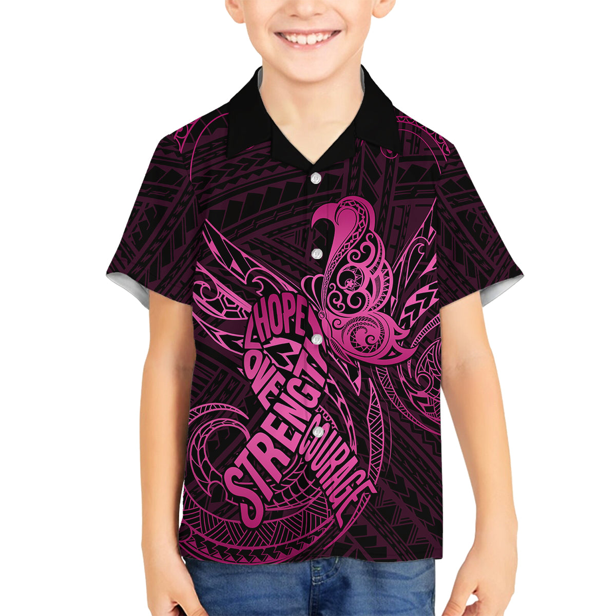 Polynesia Breast Cancer Awareness Family Matching Off Shoulder Long Sleeve Dress and Hawaiian Shirt No One Fights Alone Pink Ribbon With Butterfly LT14 Son's Shirt Pink - Polynesian Pride