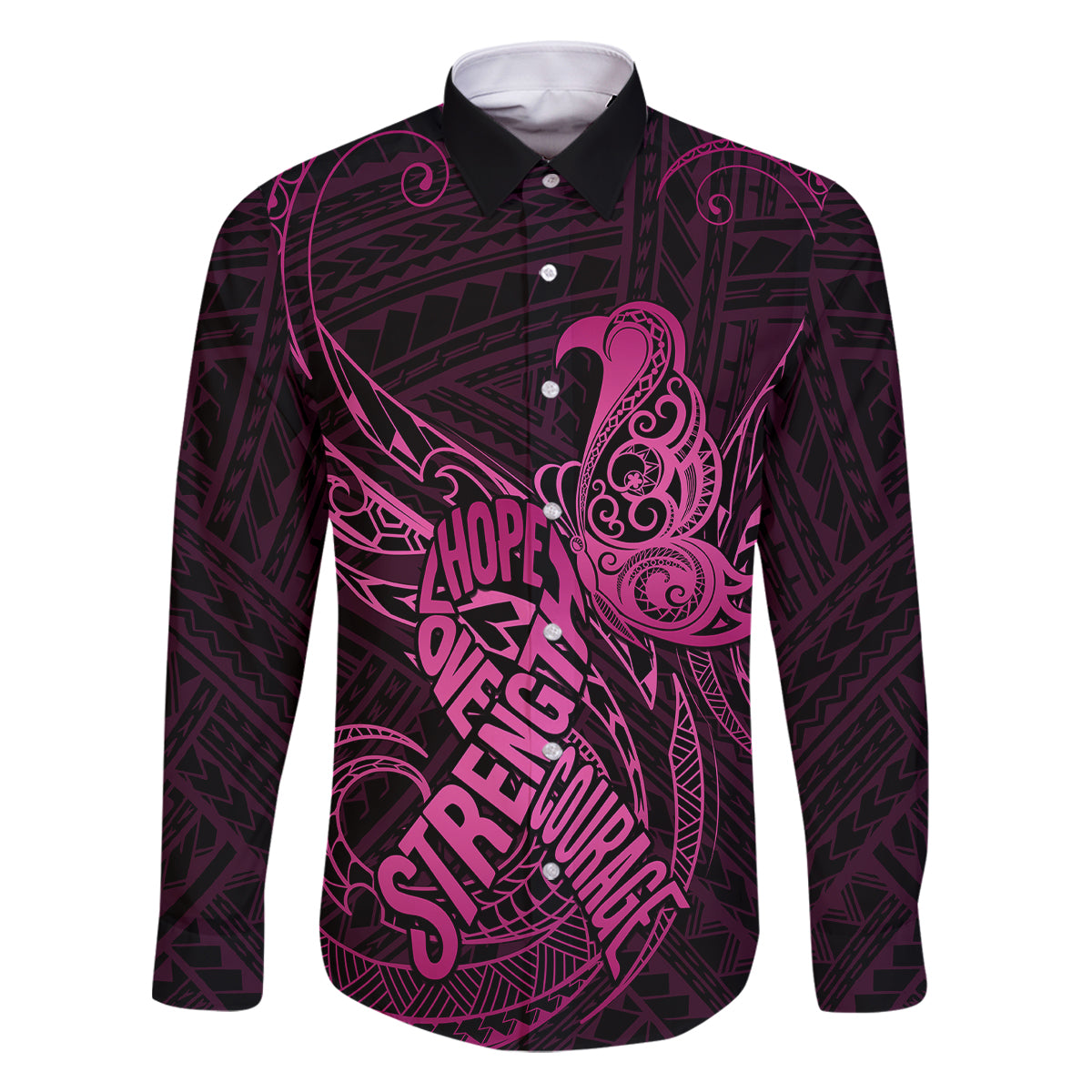 Polynesia Breast Cancer Awareness Family Matching Puletasi Dress and Hawaiian Shirt No One Fights Alone Pink Ribbon With Butterfly LT14 Dad's Shirt - Long Sleeve Pink - Polynesian Pride