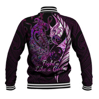 Personalised New Zealand Breast Cancer Baseball Jacket Fight Like A Girl Pink Manaia Fern With Paua Shell LT14 - Polynesian Pride