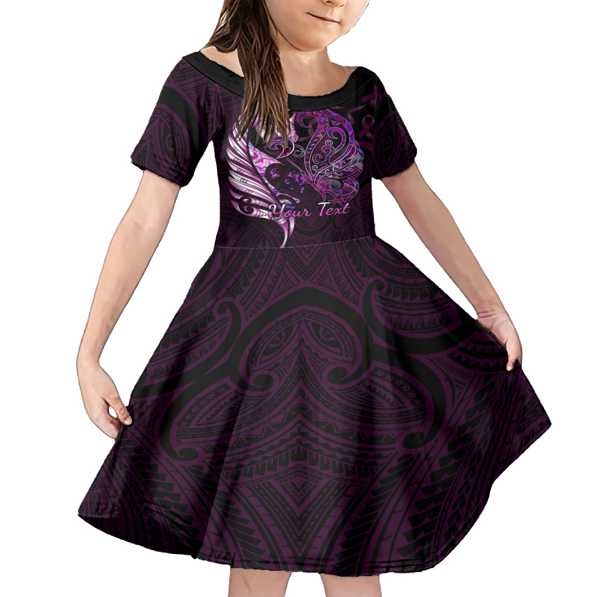 Personalised New Zealand Breast Cancer Family Matching Off Shoulder Long Sleeve Dress and Hawaiian Shirt Fight Like A Girl Pink Manaia Fern With Paua Shell LT14 Daughter's Dress Pink - Polynesian Pride