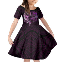 Personalised New Zealand Breast Cancer Family Matching Off Shoulder Long Sleeve Dress and Hawaiian Shirt Fight Like A Girl Pink Manaia Fern With Paua Shell LT14 Daughter's Dress Pink - Polynesian Pride