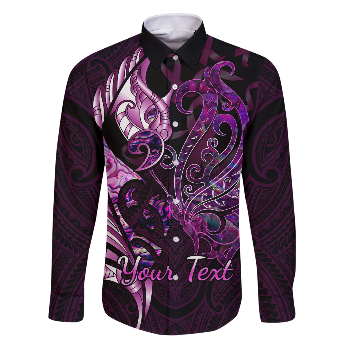 Personalised New Zealand Breast Cancer Family Matching Short Sleeve Bodycon Dress and Hawaiian Shirt Fight Like A Girl Pink Manaia Fern With Paua Shell LT14 Dad's Shirt - Long Sleeve Pink - Polynesian Pride