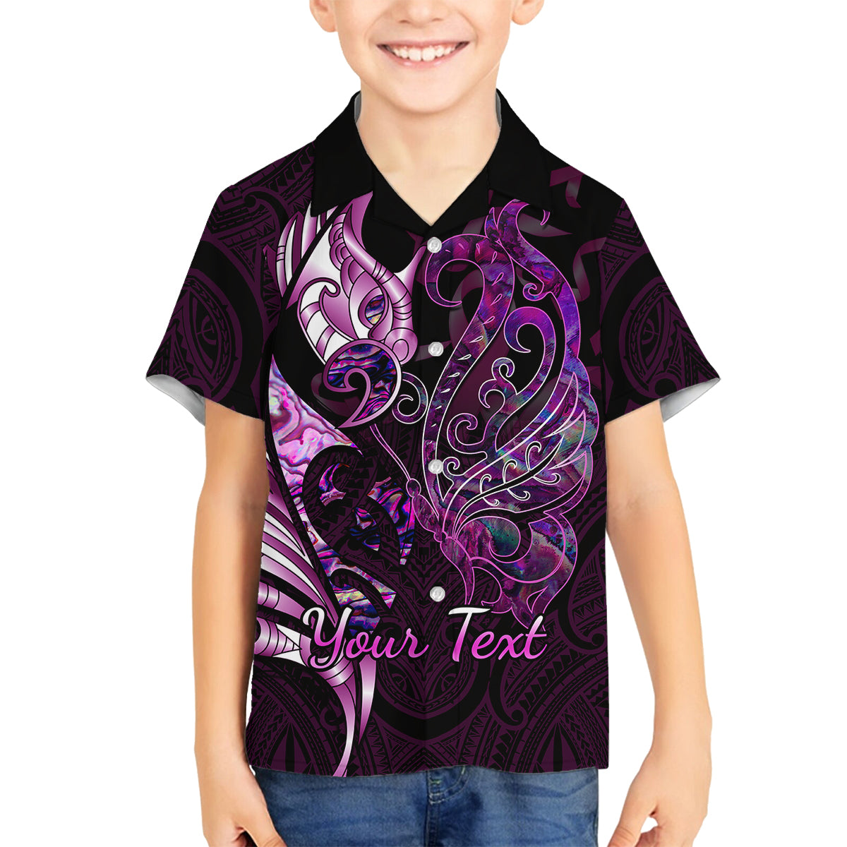 Personalised New Zealand Breast Cancer Kid Hawaiian Shirt Fight Like A Girl Pink Manaia Fern With Paua Shell LT14 - Polynesian Pride