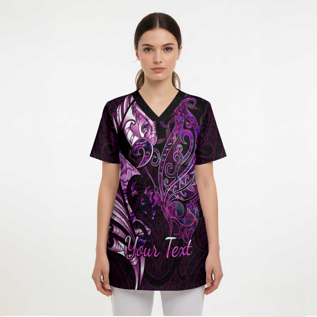Personalised New Zealand Breast Cancer Scrub Top Fight Like A Girl Pink Manaia Fern With Paua Shell LT14 - Polynesian Pride
