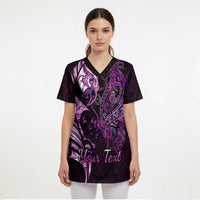 Personalised New Zealand Breast Cancer Scrub Top Fight Like A Girl Pink Manaia Fern With Paua Shell LT14 - Polynesian Pride