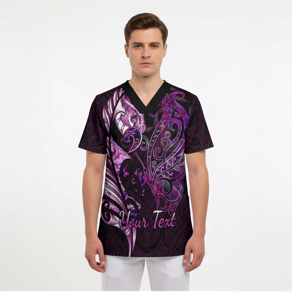 Personalised New Zealand Breast Cancer Scrub Top Fight Like A Girl Pink Manaia Fern With Paua Shell LT14 - Polynesian Pride