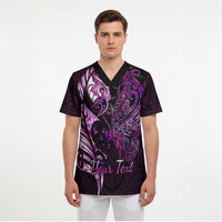 Personalised New Zealand Breast Cancer Scrub Top Fight Like A Girl Pink Manaia Fern With Paua Shell LT14 - Polynesian Pride