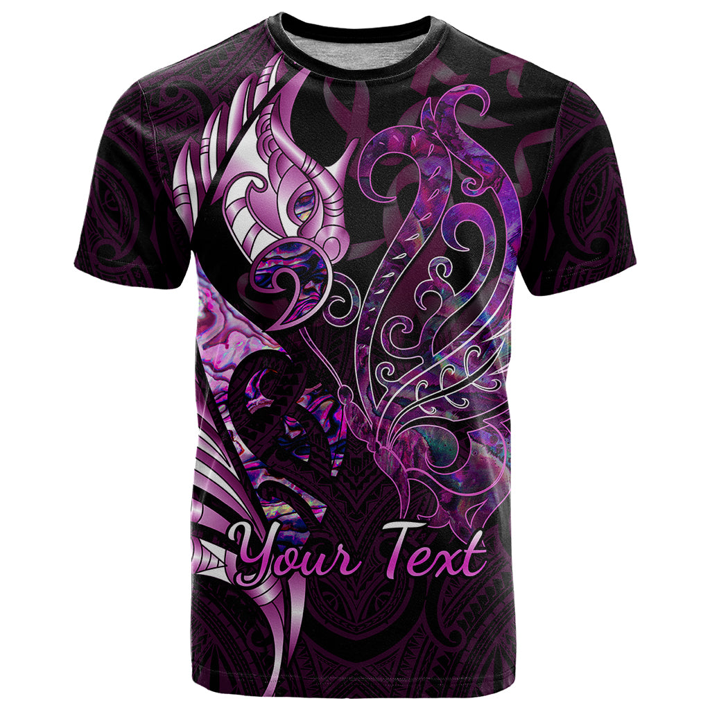 Personalised New Zealand Breast Cancer T Shirt Fight Like A Girl Pink Manaia Fern With Paua Shell LT14 Pink - Polynesian Pride