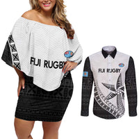 Custom Fiji Rugby Couples Matching Off Shoulder Short Dress and Long Sleeve Button Shirt Go Champions Fijian Tapa Cloth LT14 White - Polynesian Pride