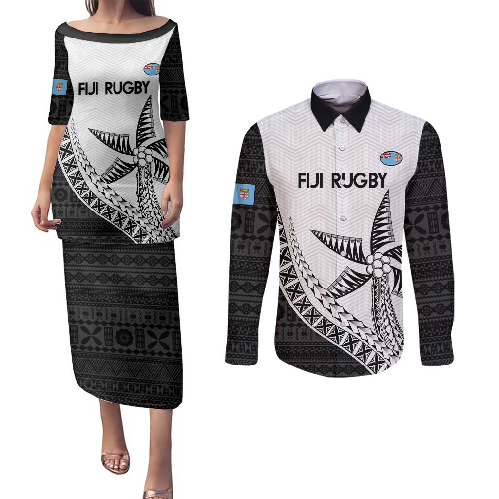 Custom Fiji Rugby Couples Matching Puletasi and Long Sleeve Button Shirt Go Champions Fijian Tapa Cloth LT14 White - Polynesian Pride