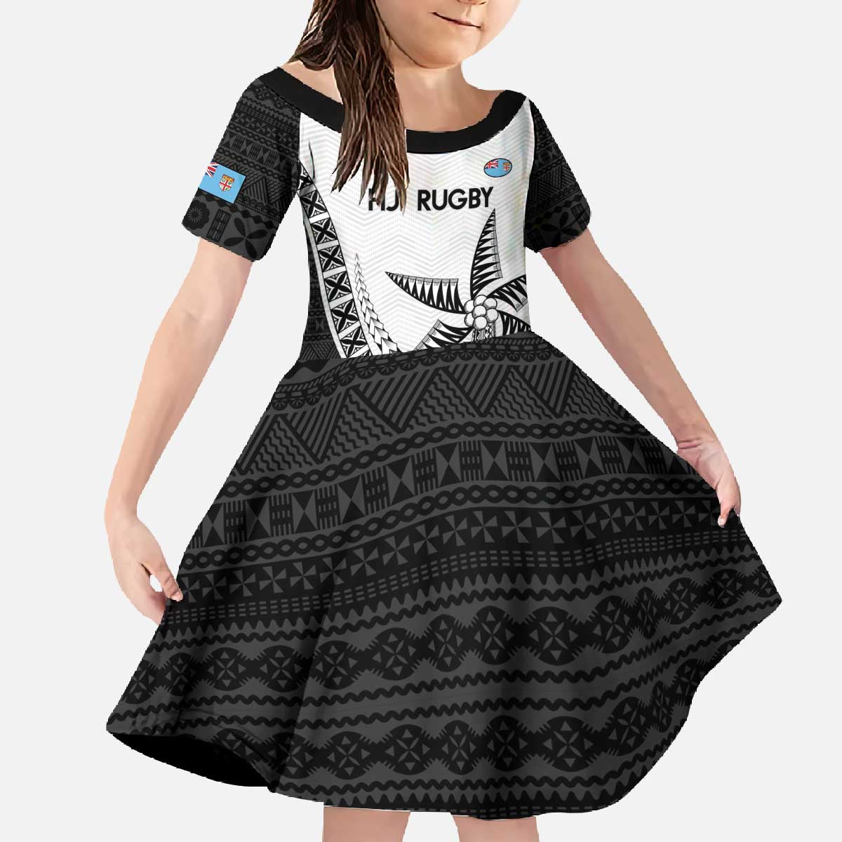 Custom Fiji Rugby Family Matching Off The Shoulder Long Sleeve Dress and Hawaiian Shirt Go Champions Fijian Tapa Cloth LT14 Daughter's Dress White - Polynesian Pride