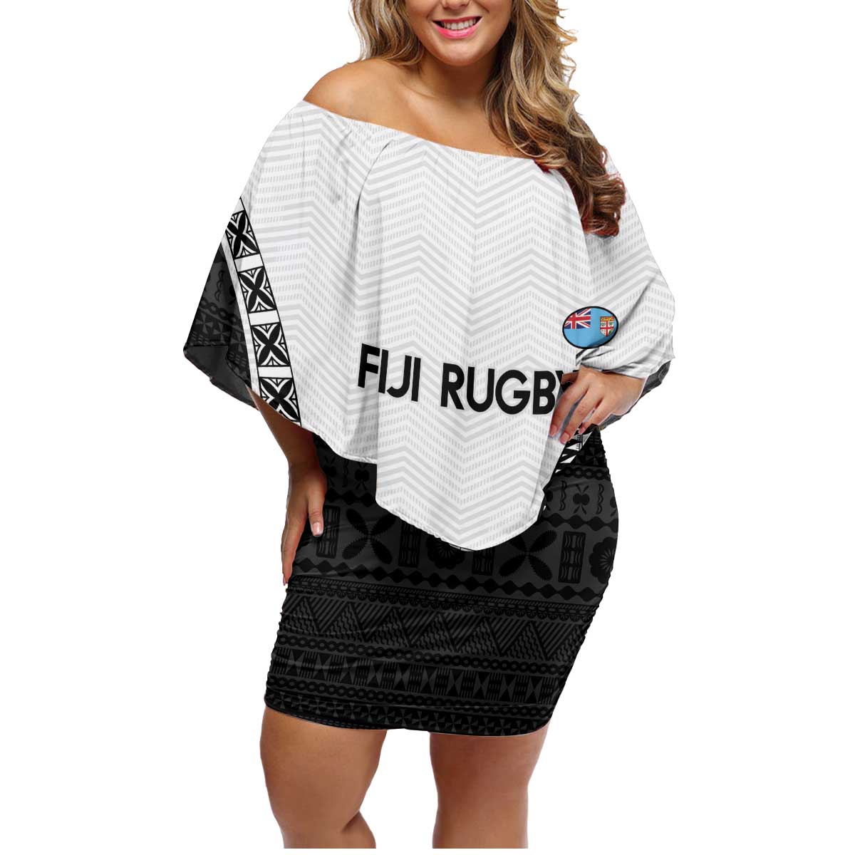 Custom Fiji Rugby Family Matching Off Shoulder Short Dress and Hawaiian Shirt Go Champions Fijian Tapa Cloth LT14 Mom's Dress White - Polynesian Pride