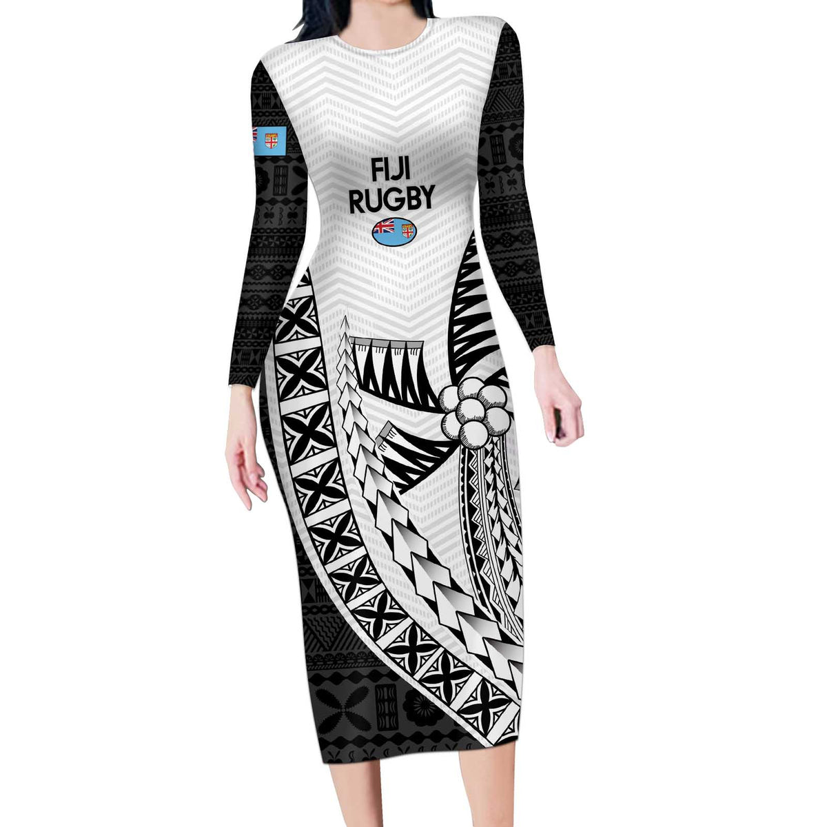 Custom Fiji Rugby Long Sleeve Bodycon Dress Go Champions Fijian Tapa Cloth LT14 Long Dress White - Polynesian Pride