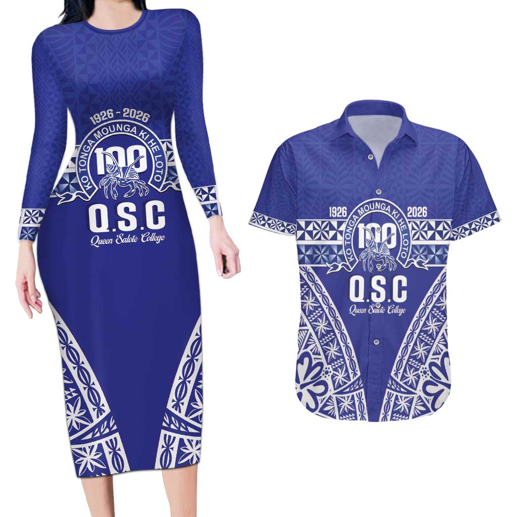 Personalised Queen Salote College Couples Matching Long Sleeve Bodycon Dress and Hawaiian Shirt Kolisi Fefine 100th Anniversary Kupesi Blue LT14 Blue - Polynesian Pride