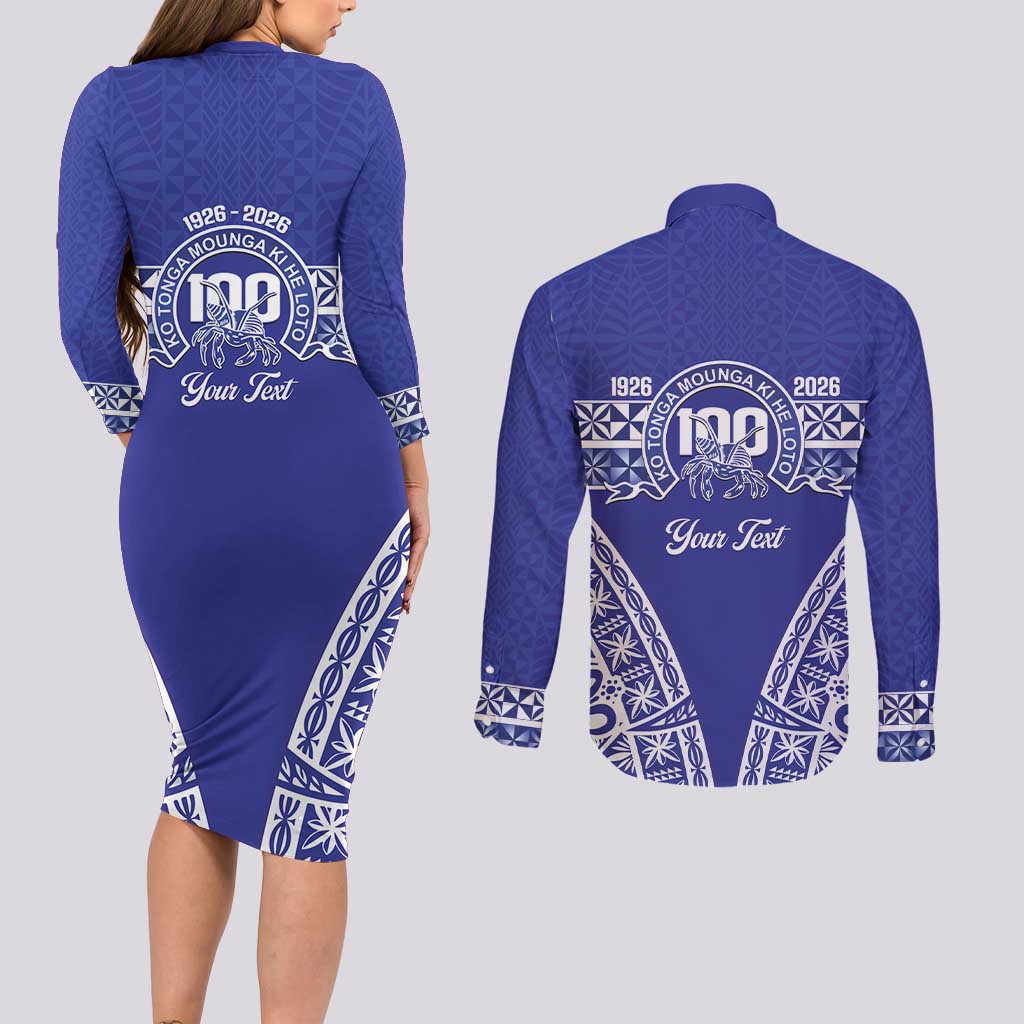 Personalised Queen Salote College Couples Matching Long Sleeve Bodycon Dress and Long Sleeve Button Shirt Kolisi Fefine 100th Anniversary Kupesi Blue LT14 - Polynesian Pride