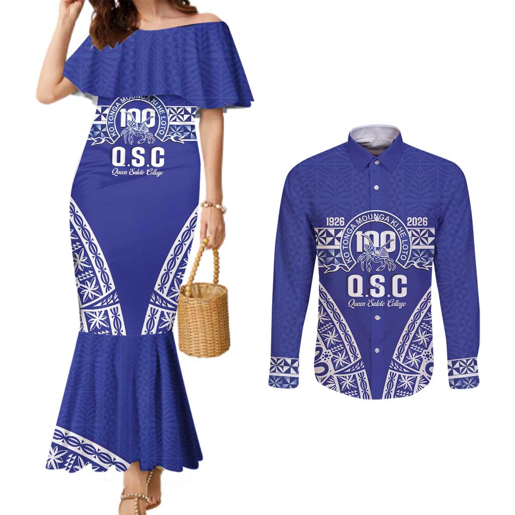 Personalised Queen Salote College Couples Matching Mermaid Dress and Long Sleeve Button Shirt Kolisi Fefine 100th Anniversary Kupesi Blue LT14 Blue - Polynesian Pride