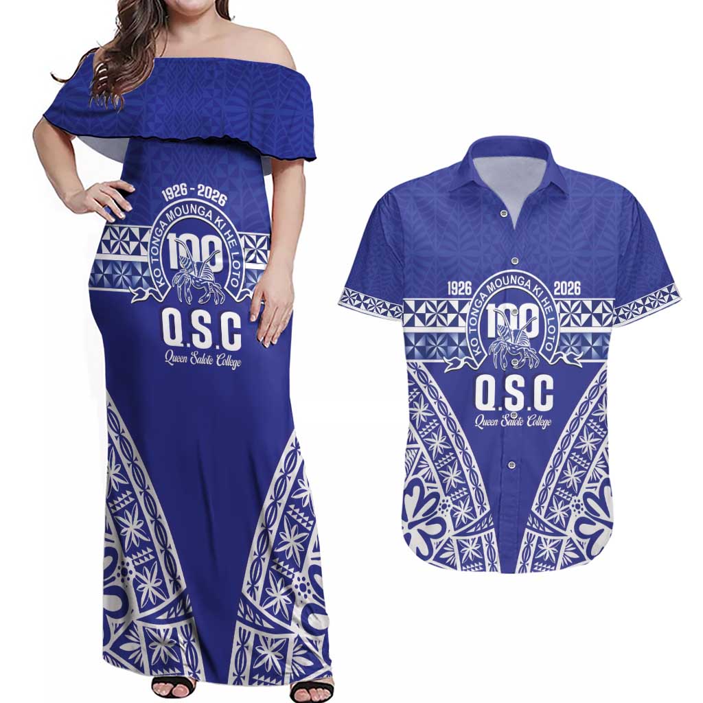 Personalised Queen Salote College Couples Matching Off Shoulder Maxi Dress and Hawaiian Shirt Kolisi Fefine 100th Anniversary Kupesi Blue LT14 Blue - Polynesian Pride