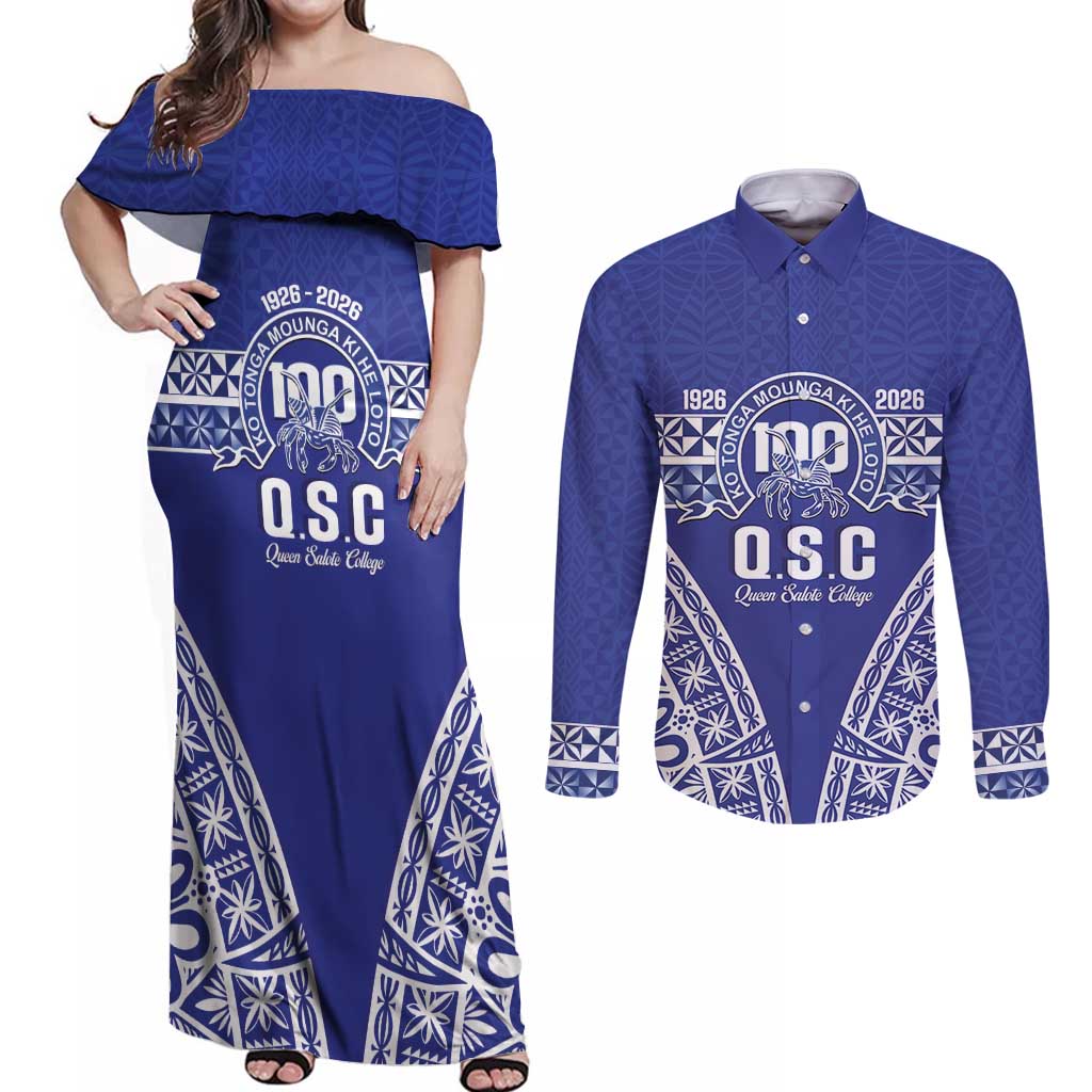 Personalised Queen Salote College Couples Matching Off Shoulder Maxi Dress and Long Sleeve Button Shirt Kolisi Fefine 100th Anniversary Kupesi Blue LT14 Blue - Polynesian Pride