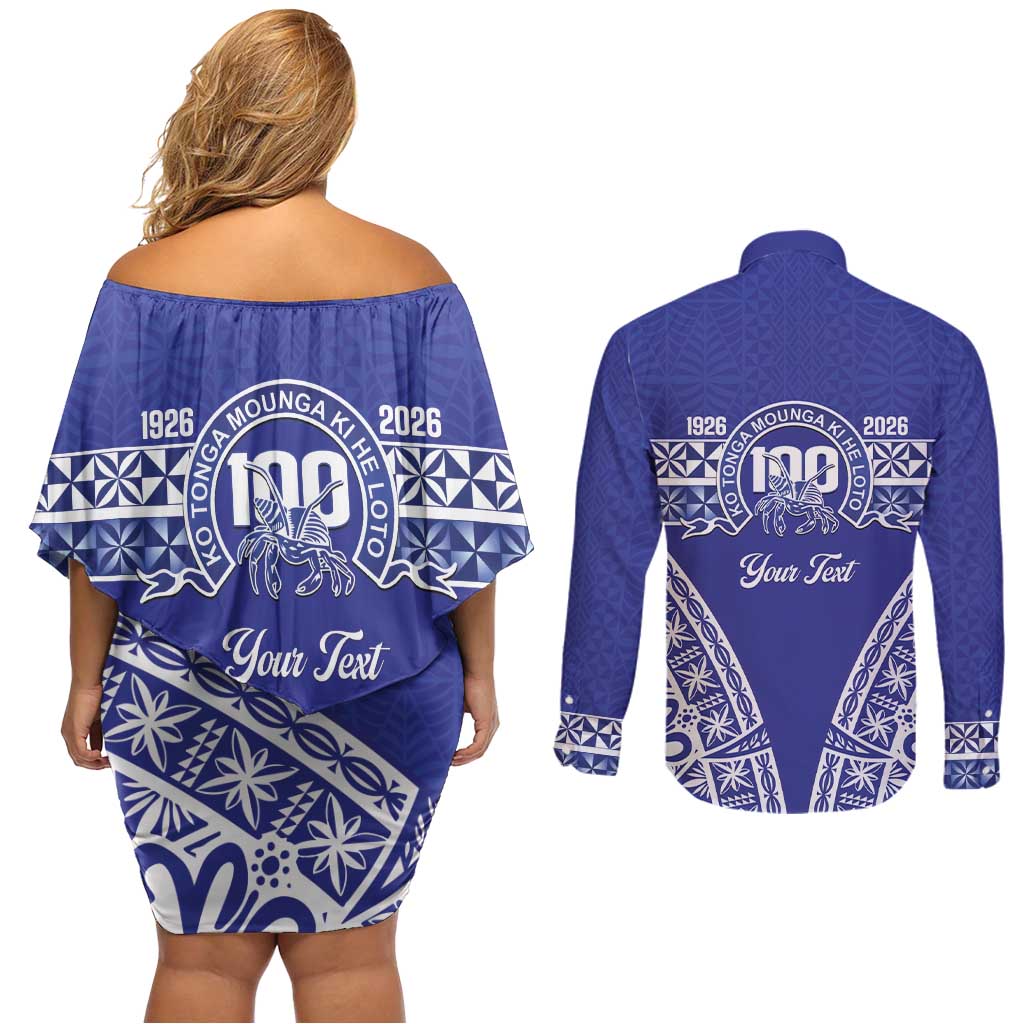 Personalised Queen Salote College Couples Matching Off Shoulder Short Dress and Long Sleeve Button Shirt Kolisi Fefine 100th Anniversary Kupesi Blue LT14 - Polynesian Pride