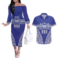 Personalised Queen Salote College Couples Matching Off The Shoulder Long Sleeve Dress and Hawaiian Shirt Kolisi Fefine 100th Anniversary Kupesi Blue LT14 Blue - Polynesian Pride