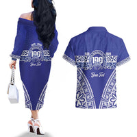 Personalised Queen Salote College Couples Matching Off The Shoulder Long Sleeve Dress and Hawaiian Shirt Kolisi Fefine 100th Anniversary Kupesi Blue LT14 - Polynesian Pride