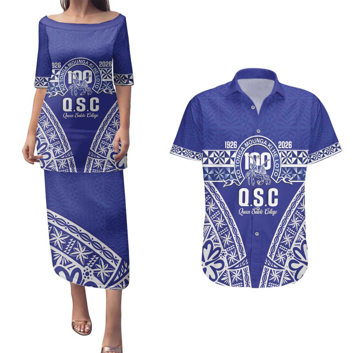 Personalised Queen Salote College Couples Matching Puletasi and Hawaiian Shirt Kolisi Fefine 100th Anniversary Kupesi Blue LT14 Blue - Polynesian Pride