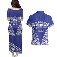Personalised Queen Salote College Couples Matching Puletasi and Hawaiian Shirt Kolisi Fefine 100th Anniversary Kupesi Blue LT14 - Polynesian Pride