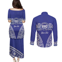 Personalised Queen Salote College Couples Matching Puletasi and Long Sleeve Button Shirt Kolisi Fefine 100th Anniversary Kupesi Blue LT14 - Polynesian Pride