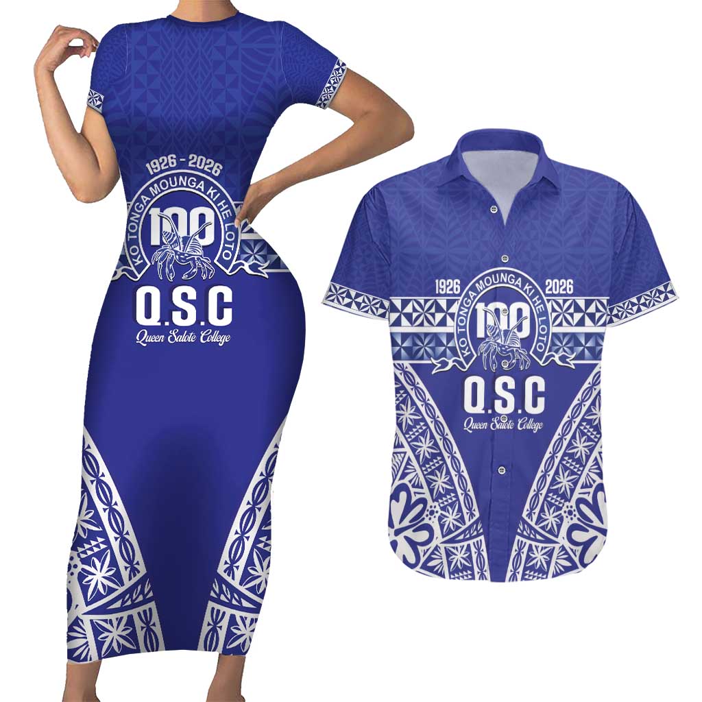 Personalised Queen Salote College Couples Matching Short Sleeve Bodycon Dress and Hawaiian Shirt Kolisi Fefine 100th Anniversary Kupesi Blue LT14 Blue - Polynesian Pride