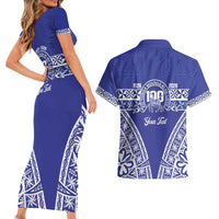 Personalised Queen Salote College Couples Matching Short Sleeve Bodycon Dress and Hawaiian Shirt Kolisi Fefine 100th Anniversary Kupesi Blue LT14 - Polynesian Pride