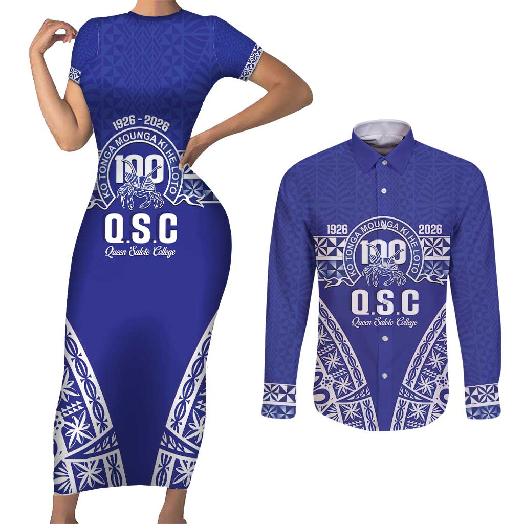 Personalised Queen Salote College Couples Matching Short Sleeve Bodycon Dress and Long Sleeve Button Shirt Kolisi Fefine 100th Anniversary Kupesi Blue LT14 Blue - Polynesian Pride