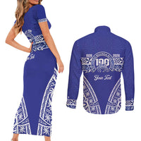 Personalised Queen Salote College Couples Matching Short Sleeve Bodycon Dress and Long Sleeve Button Shirt Kolisi Fefine 100th Anniversary Kupesi Blue LT14 - Polynesian Pride