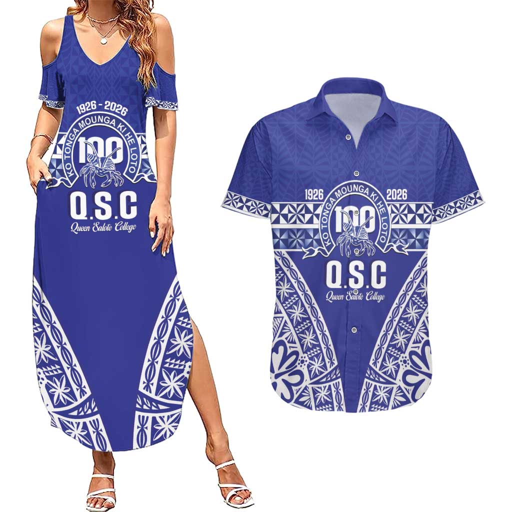 Personalised Queen Salote College Couples Matching Summer Maxi Dress and Hawaiian Shirt Kolisi Fefine 100th Anniversary Kupesi Blue LT14 Blue - Polynesian Pride